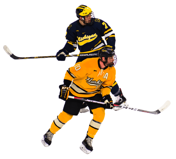 Two hockey players in a black and yellow uniform.